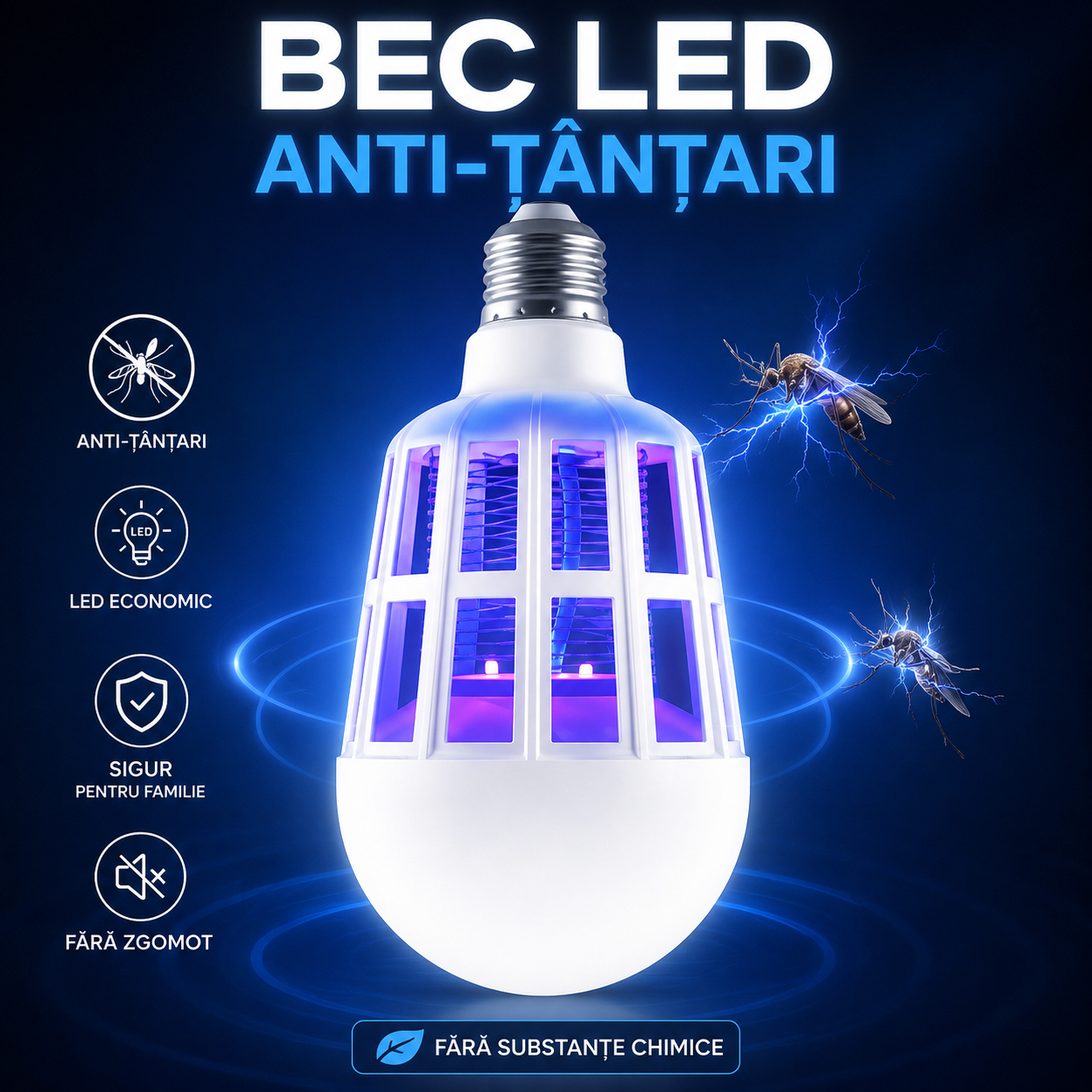Set 2 X Bec LED Antitantari 9W Cu Lampa UV, Lumina Alba, Protectie Eficienta Impotriva Insectelor