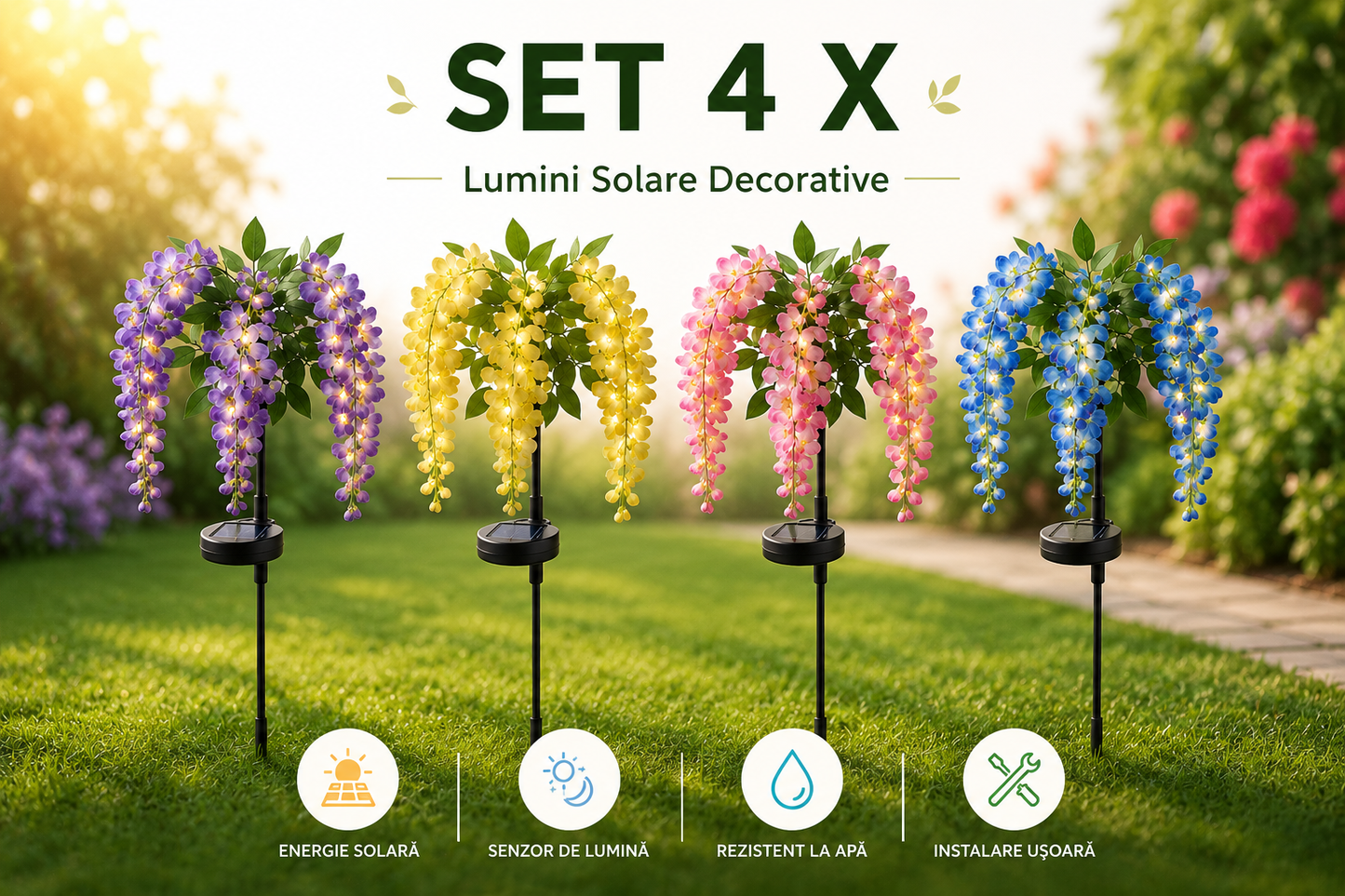 Set 4 x Lampi Solare LED cu Flori Curgatoare, Panou Solar Integrat, Rezistente la Apa, Diverse Culori