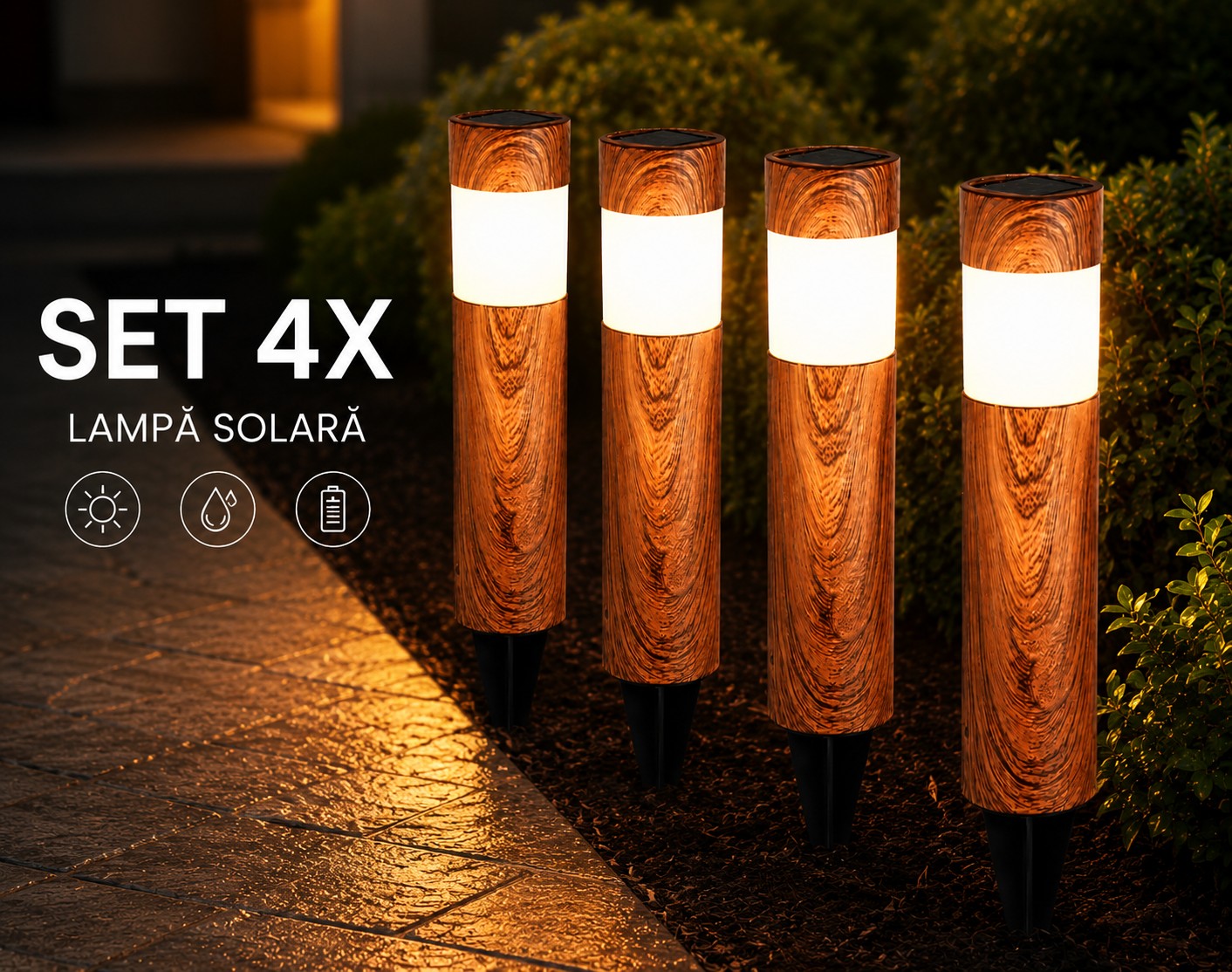 Set 4 x Lampi Solare LED pentru Gradina si Alei, Aspect Lemn Natural, Lumina Alb Calda