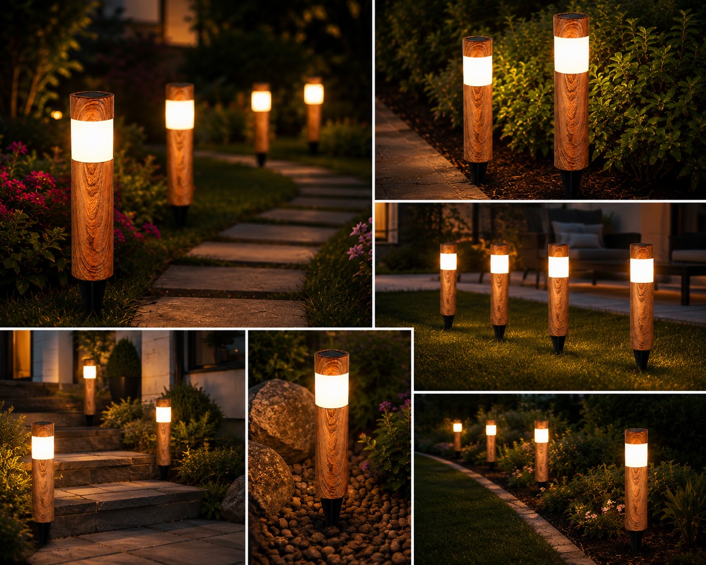 Set 2 x Lampi Solare LED pentru Gradina si Alei, Aspect Lemn Natural, Lumina Alb Calda