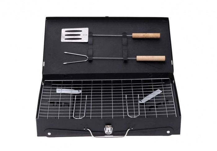 Set Aragaz Portabil Camping, Aprindere Automata, Alimentare prin Cartus Gaz + Gratar Pliabil Tip Valiza din Otel cu Capac si Accesorii