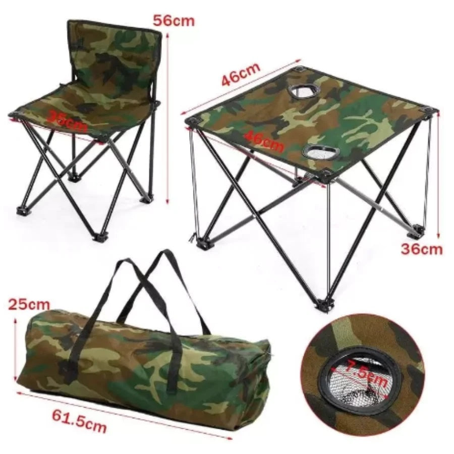 Set Camping Pliabil 3 Piese – 2 Scaune si Masuta Camuflaj cu Geanta Transport + Gratar Pliabil Tip Valiza din Otel + Boxa Portabila Bluetooth GTS 1360 cu LED RGB
