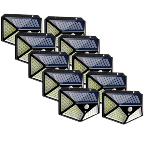 Set 10 x Lampa Solara cu Senzor de Miscare, 100 LED, Iluminare 3 Laturi, IP65 pentru Exterior