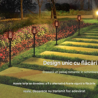 Set 12 x Lampa Solara Tip Torta cu Efect Flacara, Iluminare LED, Rezistente la Apa, Design Decorativ pentru Gradina si Alei