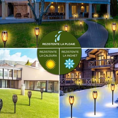 Set 5 x Lampa Solara Tip Torta cu Efect Flacara, Iluminare LED, Rezistente la Apa, Design Decorativ pentru Gradina si Alei