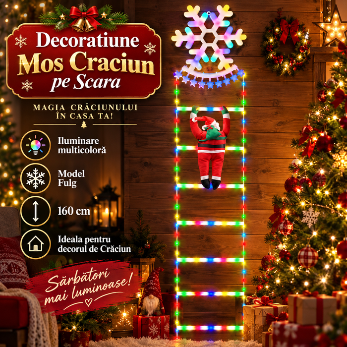 Decoratiune Mos Craciun pe Scara, Multicolora, 160 cm - Model Fulg