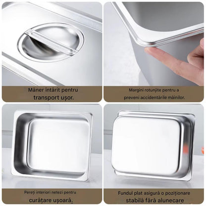Tava Inox pentru Mentinerea Alimentelor Calde cu Capac, Design Compact Profesional pentru Bufet si Servire 32.5 x 12.6 x 10 cm