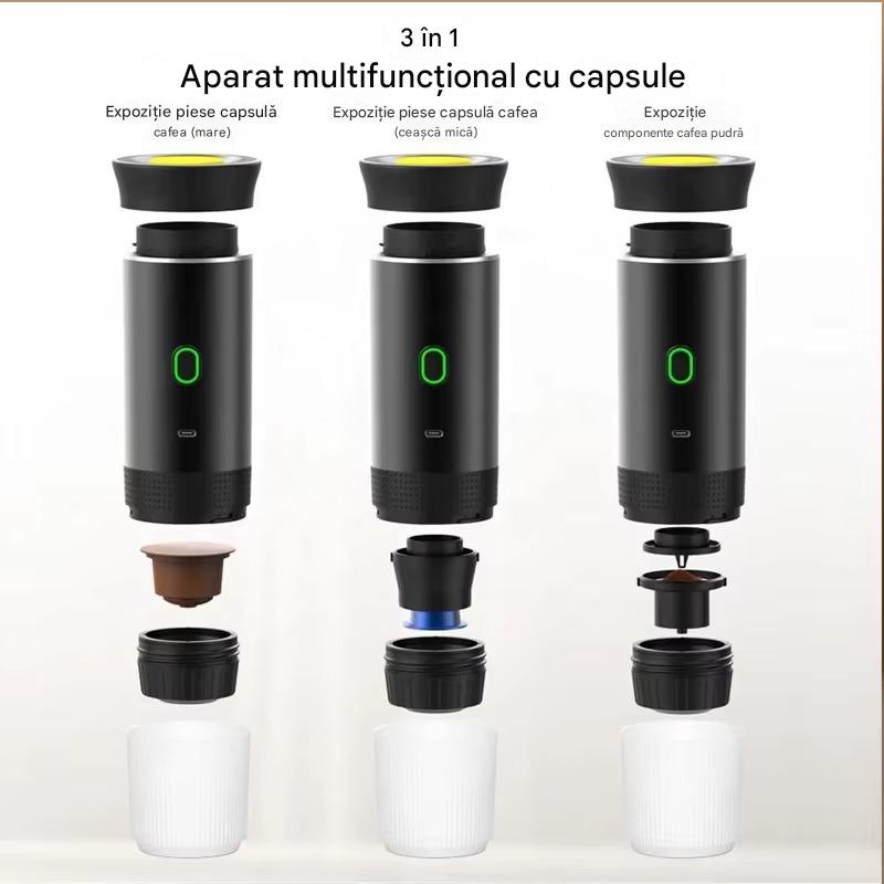Aparat de Cafea Portabil 3 in 1, Compatibil Capsule si Cafea Macinata, Presiune 20 bari, Incalzire Rapida, Baterie 7500 mAh, Reincarcare USB