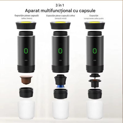 Aparat de Cafea Portabil 3 in 1, Compatibil Capsule si Cafea Macinata, Presiune 20 bari, Incalzire Rapida, Baterie 7500 mAh, Reincarcare USB