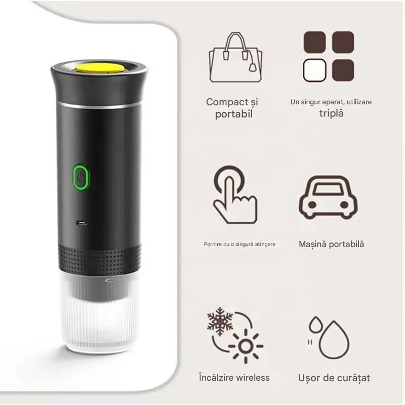 Aparat de Cafea Portabil 3 in 1, Compatibil Capsule si Cafea Macinata, Presiune 20 bari, Incalzire Rapida, Baterie 7500 mAh, Reincarcare USB