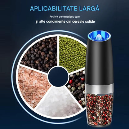 Rasnita Electrica Automata pentru Sare si Piper cu Activare prin Inclinare, Reglaj Grosime Macinare si Iluminare LED Albastru, Design Modern