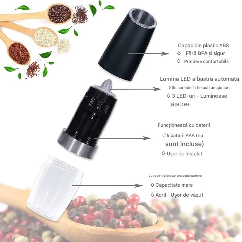 Rasnita Electrica Automata pentru Sare si Piper cu Activare prin Inclinare, Reglaj Grosime Macinare si Iluminare LED Albastru, Design Modern