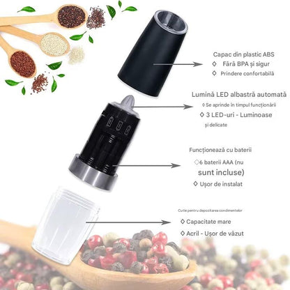 Rasnita Electrica Automata pentru Sare si Piper cu Activare prin Inclinare, Reglaj Grosime Macinare si Iluminare LED Albastru, Design Modern