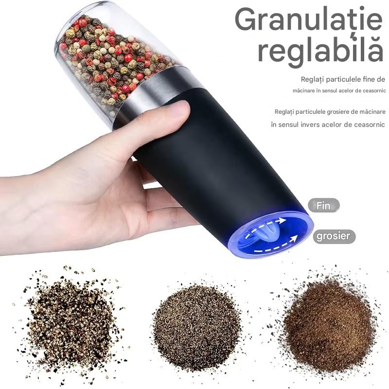 Rasnita Electrica Automata pentru Sare si Piper cu Activare prin Inclinare, Reglaj Grosime Macinare si Iluminare LED Albastru, Design Modern