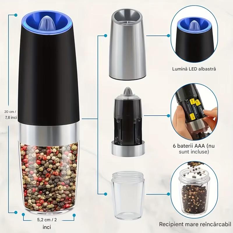Rasnita Electrica Automata pentru Sare si Piper cu Activare prin Inclinare, Reglaj Grosime Macinare si Iluminare LED Albastru, Design Modern