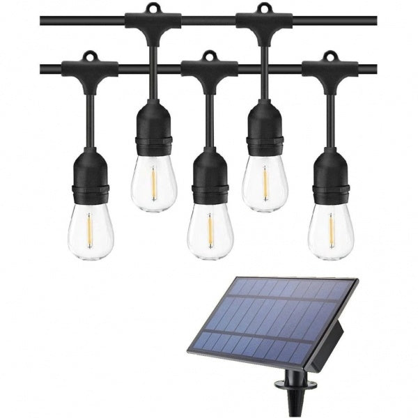 Ghirlanda Solara Luminoasa 30m cu 30 Becuri LED Filament – IP65, Lumina Calda 3000K, Incarcare Solara si USB, Iluminare Extinsa