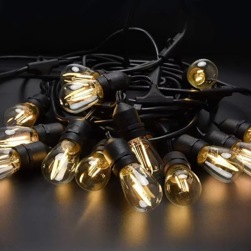 Ghirlanda Solara Luminoasa 30m cu 30 Becuri LED Filament – IP65, Lumina Calda 3000K, Incarcare Solara si USB, Iluminare Extinsa