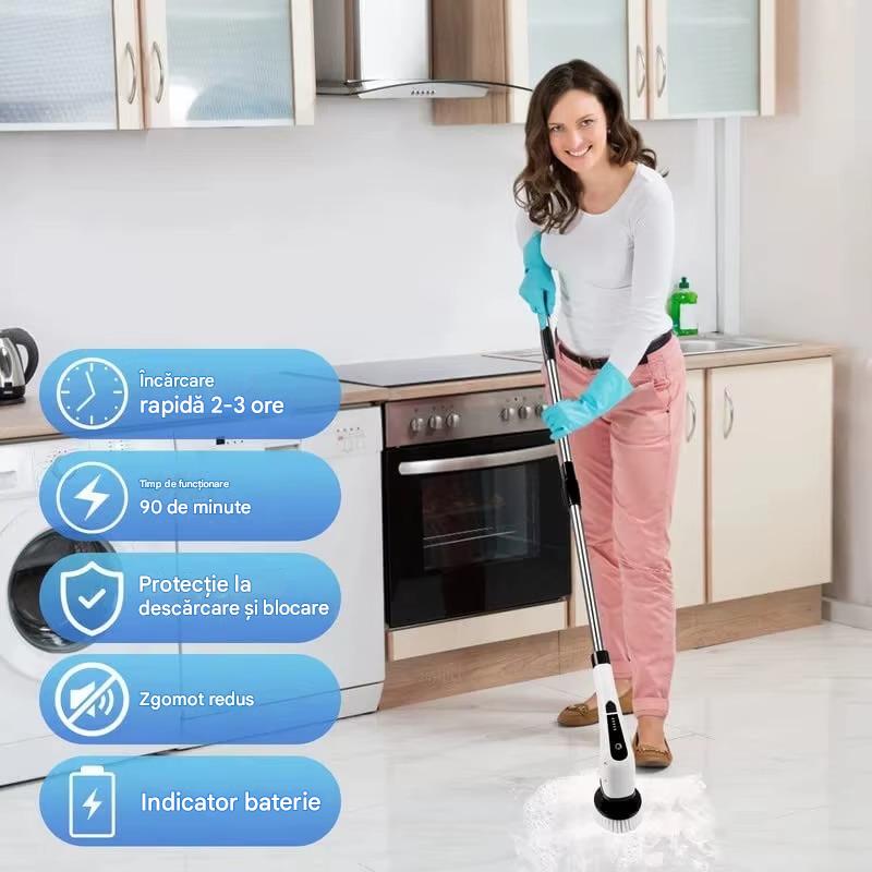 Perie Electrica de Curatare cu 7 Capete Interschimbabile, 2 Viteze Reglabile si Maner Extensibil – Fara Fir, Rezistenta la Apa, Curatare Rapida si Eficienta