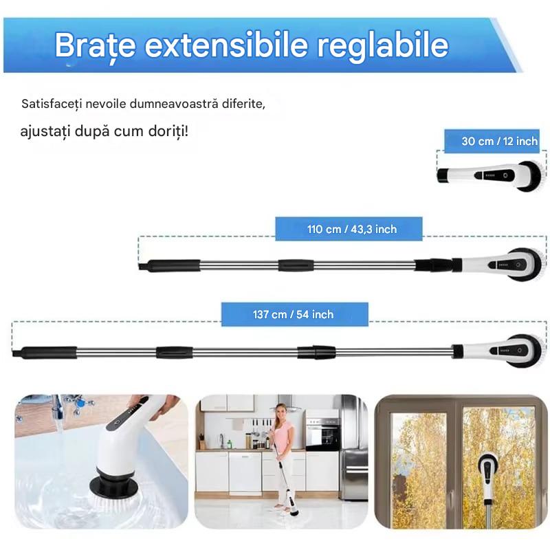 Perie Electrica de Curatare cu 7 Capete Interschimbabile, 2 Viteze Reglabile si Maner Extensibil – Fara Fir, Rezistenta la Apa, Curatare Rapida si Eficienta