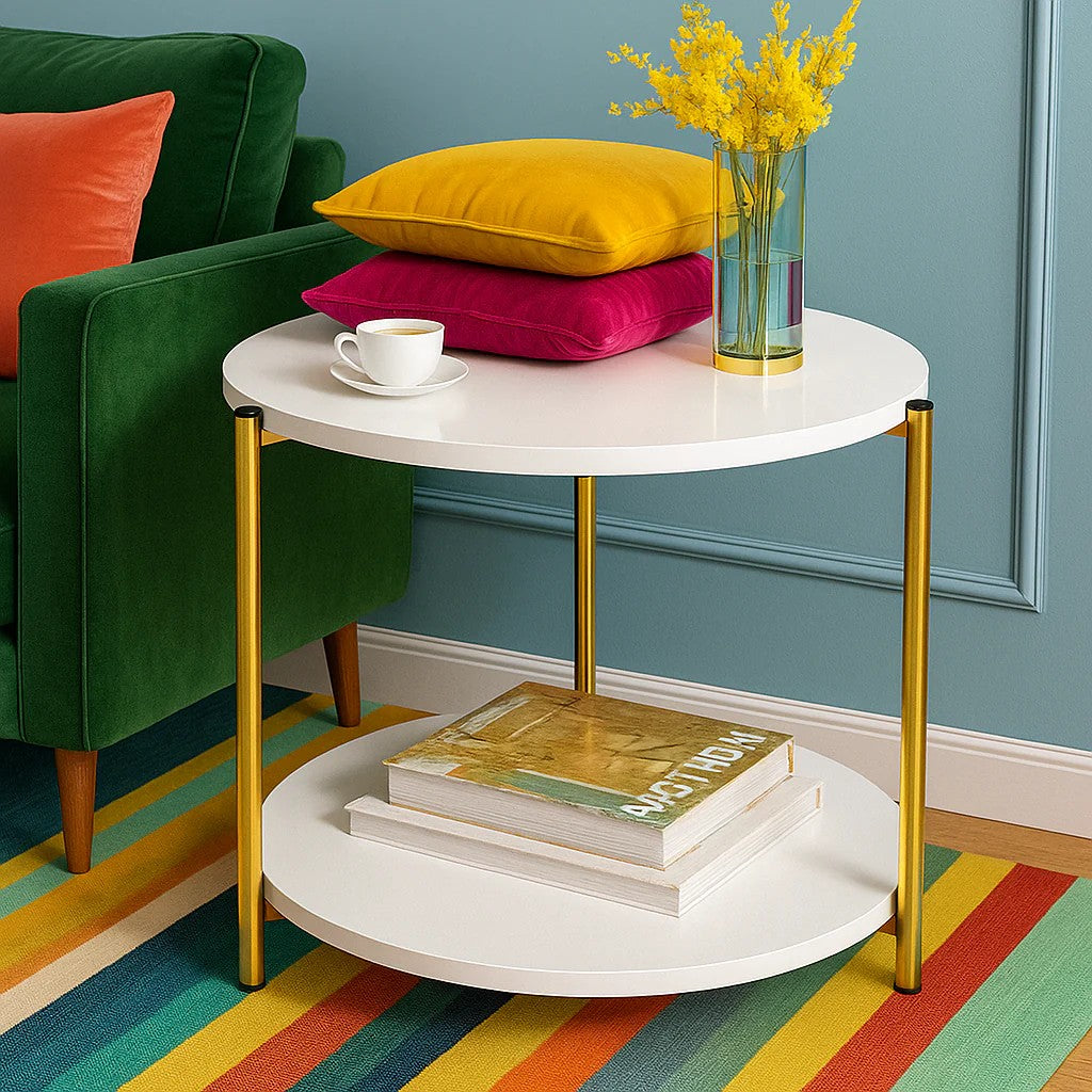 Masuta Cafea Rotunda Cu Blat Tip Marmura Si Raft Depozitare Design Modern Picioare Aurii Elegante Compacta Pentru Living