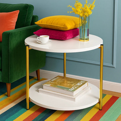Masuta Cafea Rotunda Cu Blat Tip Marmura Si Raft Depozitare Design Modern Picioare Aurii Elegante Compacta Pentru Living