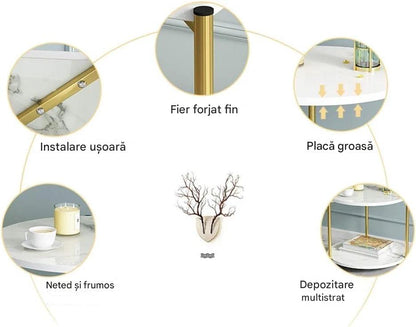 Masuta Cafea Rotunda Cu Blat Tip Marmura Si Raft Depozitare Design Modern Picioare Aurii Elegante Compacta Pentru Living