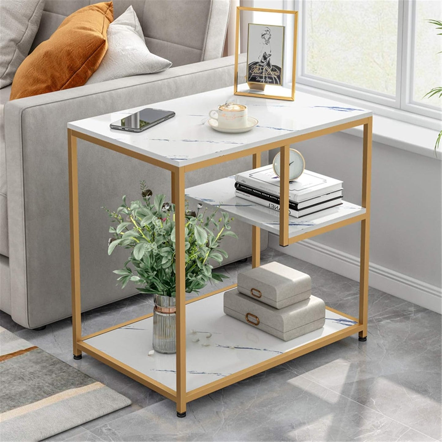 Masuta Cafea Dreptunghiulara Cu Blat Tip Marmura Cadru Metalic Auriu Stabil Design Modern Pentru Living Si Dormitor