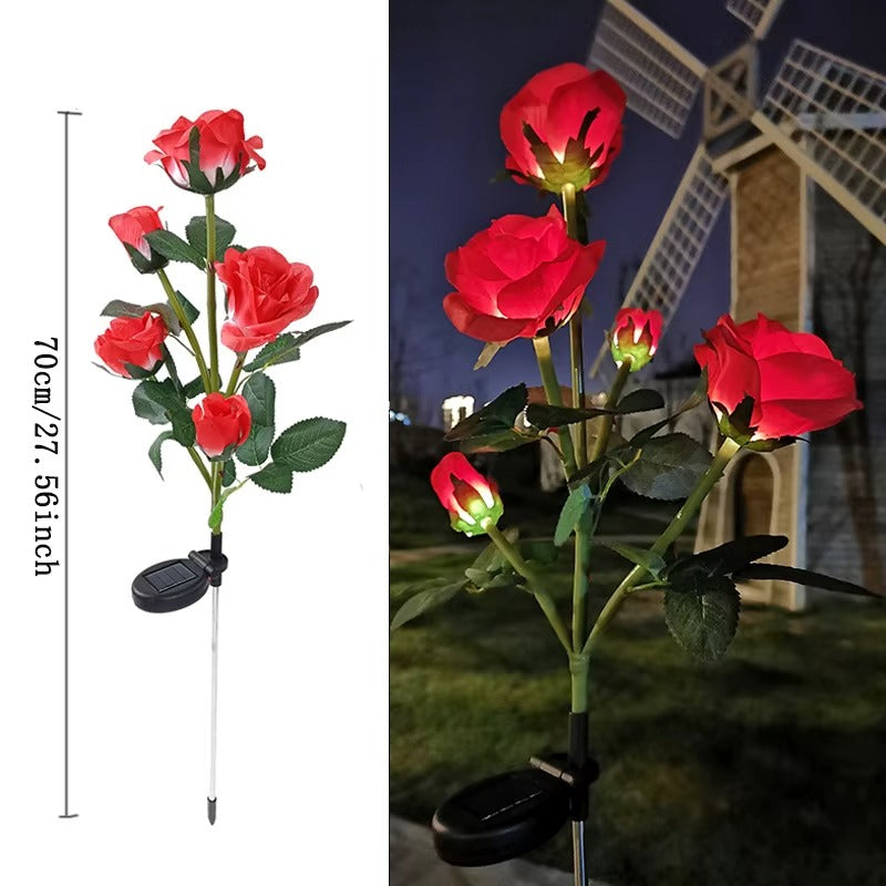 Set 4 X Lampi Solare Trandafir Cu 5 Flori LED, Senzor Lumina Automat, Rezistente La Apa, Decor Exterior Gradina, Curte Si Alei, Diverse Culori