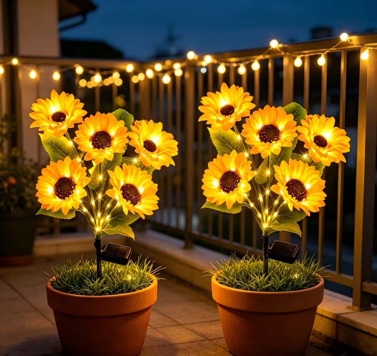 Set 2 X Lampi Solare Floarea Soarelui Cu 6 Flori LED Fiecare, Alimentare Solara, Iluminare Automata, Design Decorativ Pentru Gradina