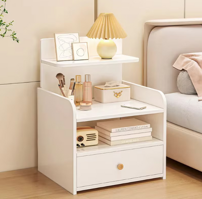 Noptiera Moderna Alba Cu Sertar Si 3 Polite, Design Compact Multifunctional, MDF Rezistent 33x26x60 cm