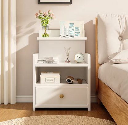 Noptiera Moderna Alba Cu Sertar Si 3 Polite, Design Compact Multifunctional, MDF Rezistent 33x26x60 cm