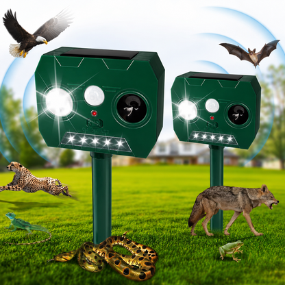 Set 2 x Aparat Solar cu Ultrasunete Anti Animale si Pasari, Senzor PIR, LED Stroboscopic, IP44, 2 Moduri, Montaj Exterior, Verde