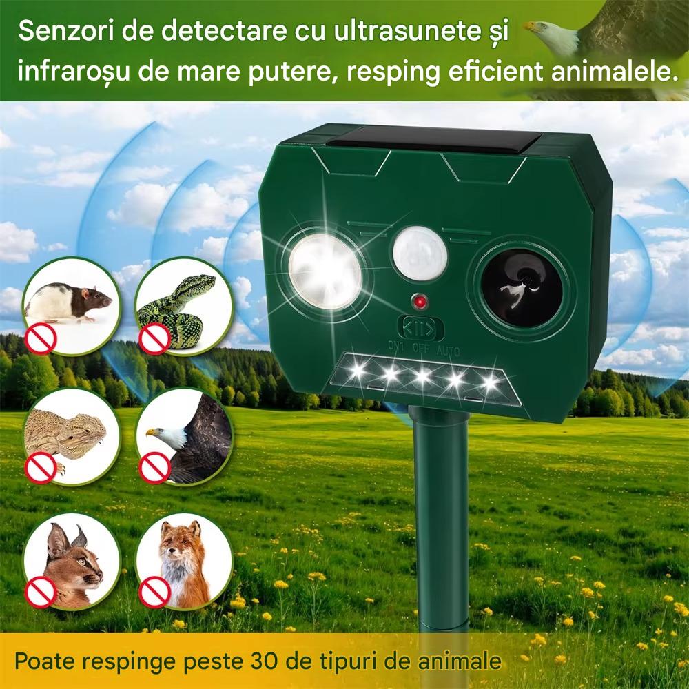 Set 2 x Aparat Solar cu Ultrasunete Anti Animale si Pasari, Senzor PIR, LED Stroboscopic, IP44, 2 Moduri, Montaj Exterior, Verde