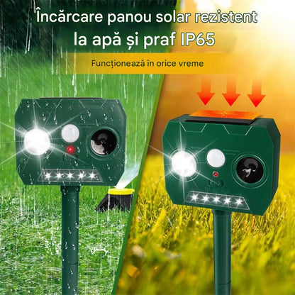 Set 2 x Aparat Solar cu Ultrasunete Anti Animale si Pasari, Senzor PIR, LED Stroboscopic, IP44, 2 Moduri, Montaj Exterior, Verde