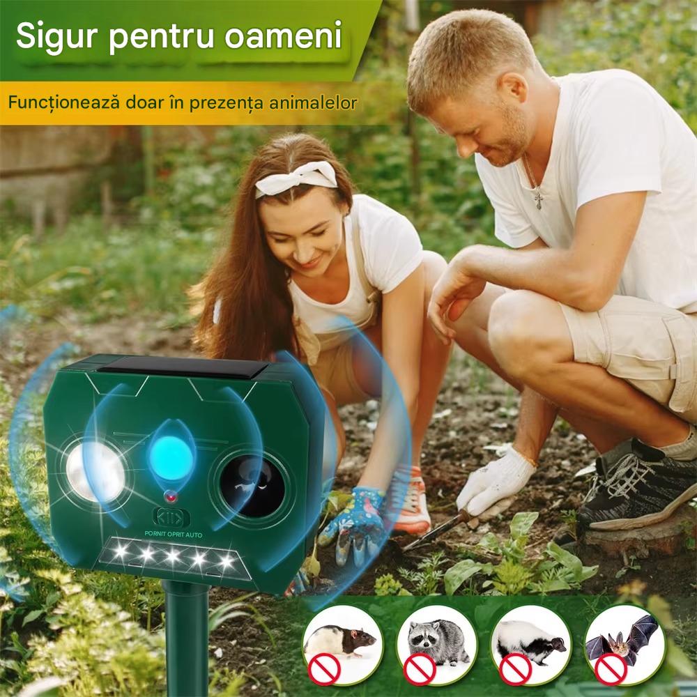 Set 2 x Aparat Solar cu Ultrasunete Anti Animale si Pasari, Senzor PIR, LED Stroboscopic, IP44, 2 Moduri, Montaj Exterior, Verde
