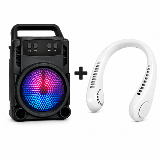 Set Boxa Portabila Bluetooth RGB + Ventilator Portabil de Gat USB, Sunet Stereo si Racire Hands-Free, Reincarcabile, Design Compact