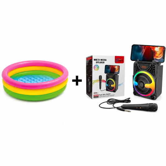 Set Boxa Portabila Karaoke Bluetooth cu Microfon, Lumini RGB si Suport Telefon + Piscina Gonflabila pentru Copii 86x25 cm, Distractie Exterior si Petreceri