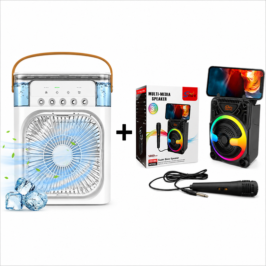Set Boxa Karaoke Portabila Bluetooth cu Microfon si Lumini RGB + Ventilator cu Apa si Umidificator 3 în 1, 600 ml