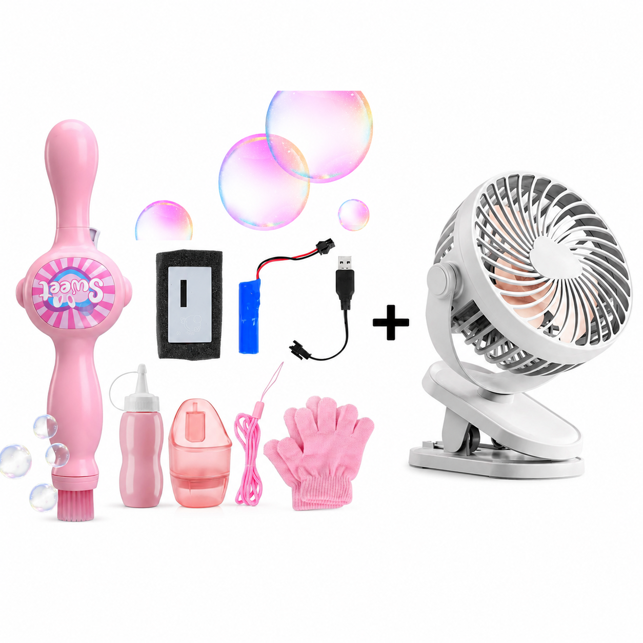 Set Mini Ventilator LI Silentios cu Clema, 3 Trepte de Viteza, Portabil + Masina Automata de Facut Baloane de Sapun cu Incarcare Usb