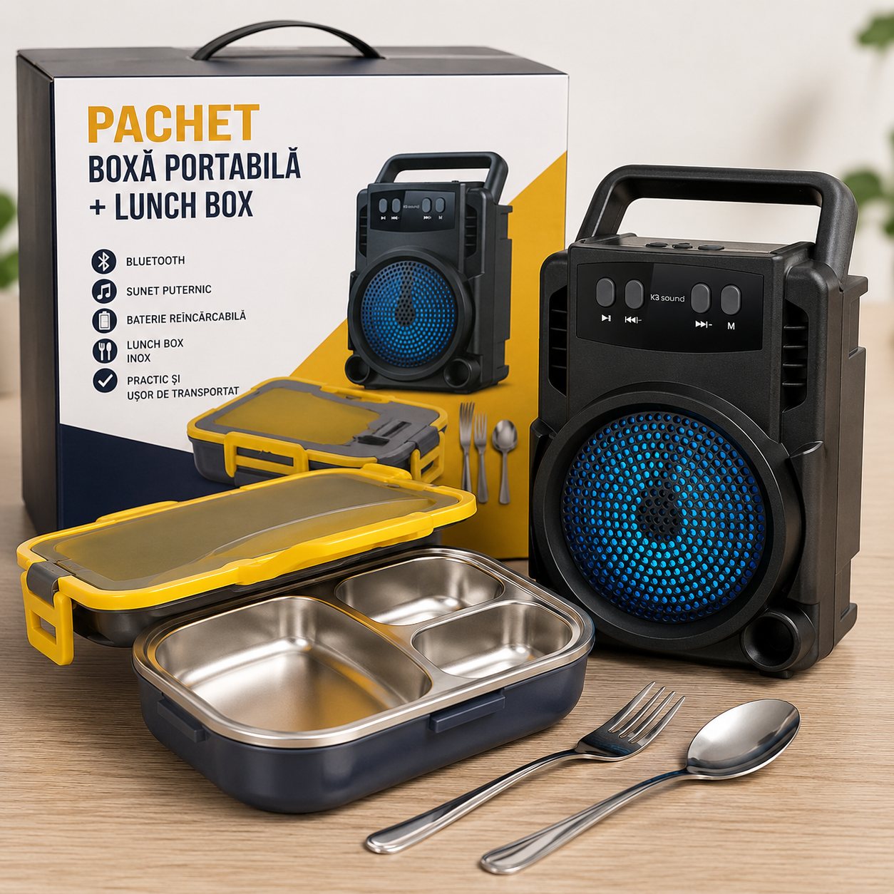 Set Cutie Electrica pentru Pranz, 1.5 Litri, din Oțel Inoxidabil + Boxa portabila GTS 1360 cu lumini LED multicolore, radio FM, USB