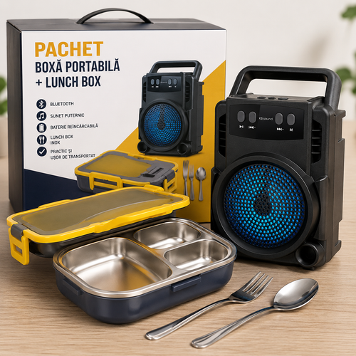 Set Cutie Electrica pentru Pranz, 1.5 Litri, din Oțel Inoxidabil + Boxa portabila GTS 1360 cu lumini LED multicolore, radio FM, USB