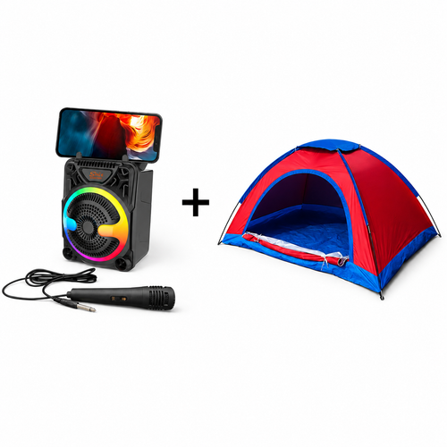 Set Boxa Bluetooth portabila cu microfon, radio FM si lumini LED + Cort pentru Camping cu Plasa pentru Insecte