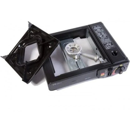 Set Aragaz Portabil Camping, Aprindere Automata, Alimentare prin Cartus Gaz + Felinar Camping LED Reincarcabil cu Lanterna, Panou Solar si USB