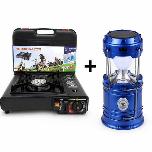 Set Aragaz Portabil Camping, Aprindere Automata, Alimentare prin Cartus Gaz + Felinar Camping LED Reincarcabil cu Lanterna, Panou Solar si USB