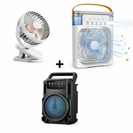Set Ventilator cu Apa si Umidificator 3 în 1 + Mini Ventilator LI Silentios cu Clema + Boxa portabila GTS 1360 cu lumini LED, radio FM