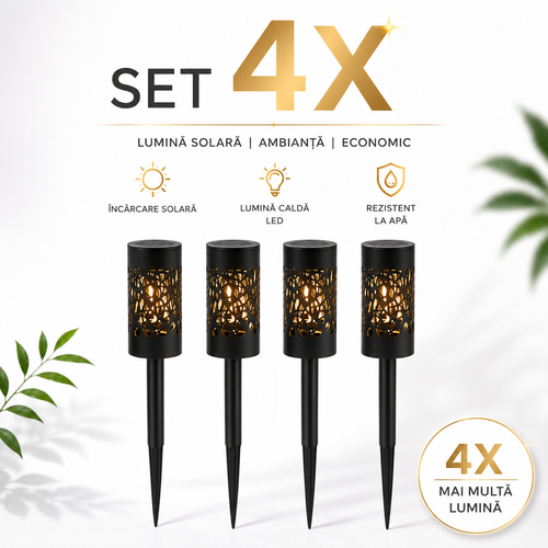 Set 4 x Lampi Solare Gradina Cu Senzor De Lumina, IP65 Impermeabile, Lumina Calda LED 3000K, Negre