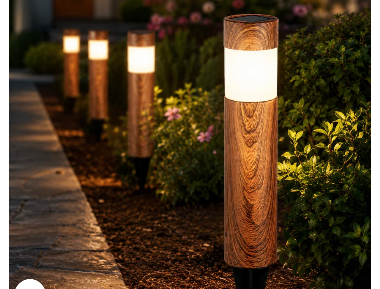 Set 4 x Lampi Solare LED pentru Gradina si Alei, Aspect Lemn Natural,  Lumina Alb Calda