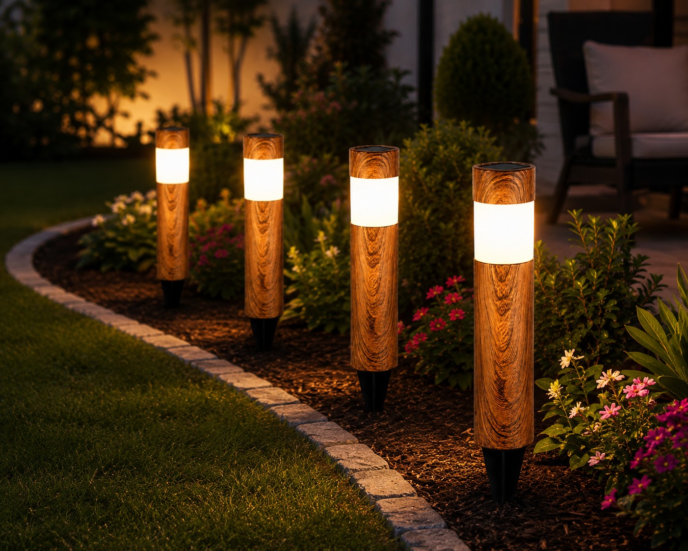 Set 4 x Lampi Solare LED pentru Gradina si Alei, Aspect Lemn Natural,  Lumina Alb Calda