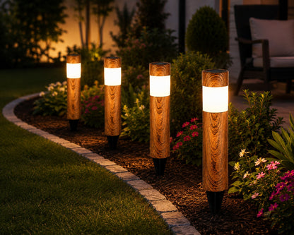 Set 2 x Lampi Solare LED pentru Gradina si Alei, Aspect Lemn Natural, Lumina Alb Calda