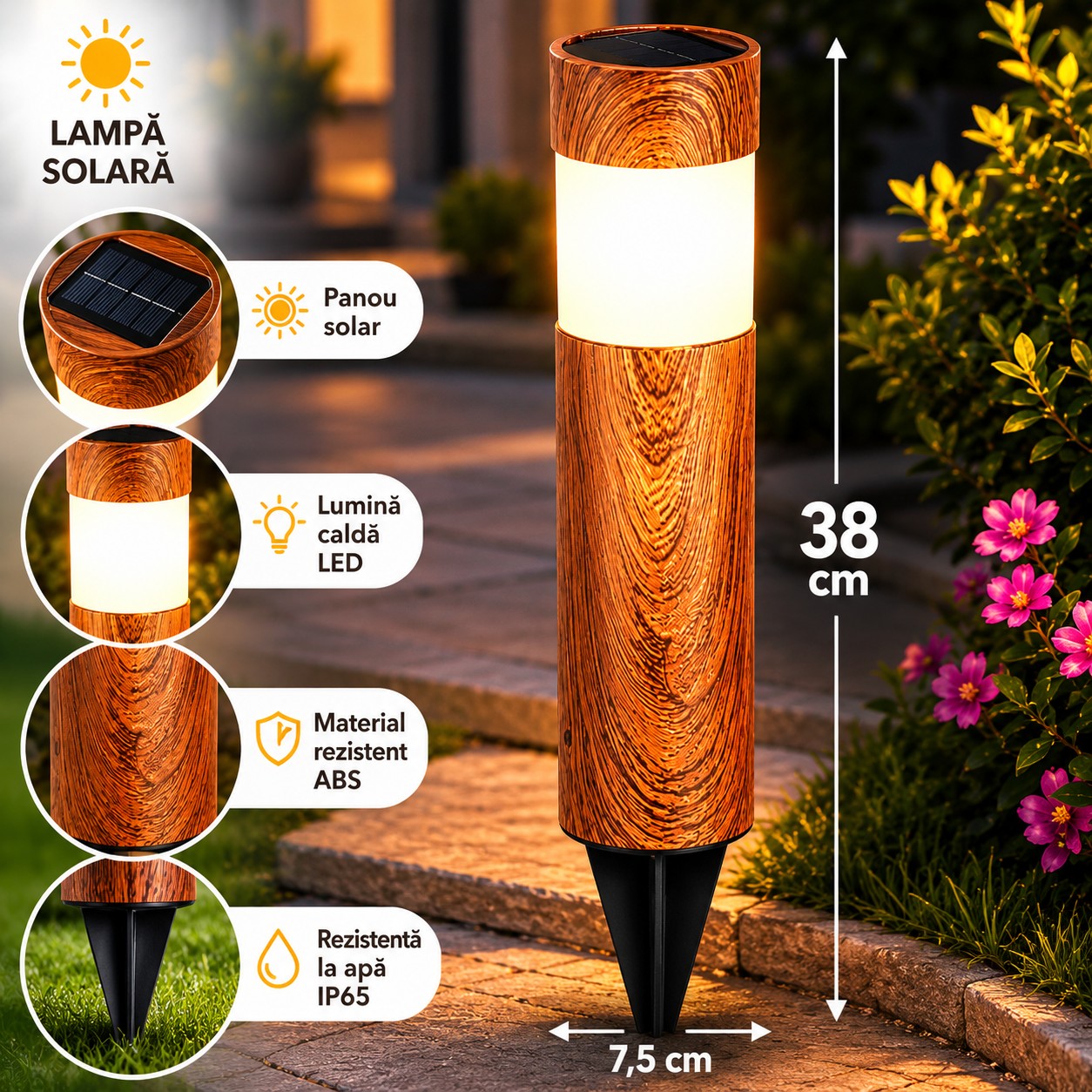 Set 4 x Lampi Solare LED pentru Gradina si Alei, Aspect Lemn Natural,  Lumina Alb Calda